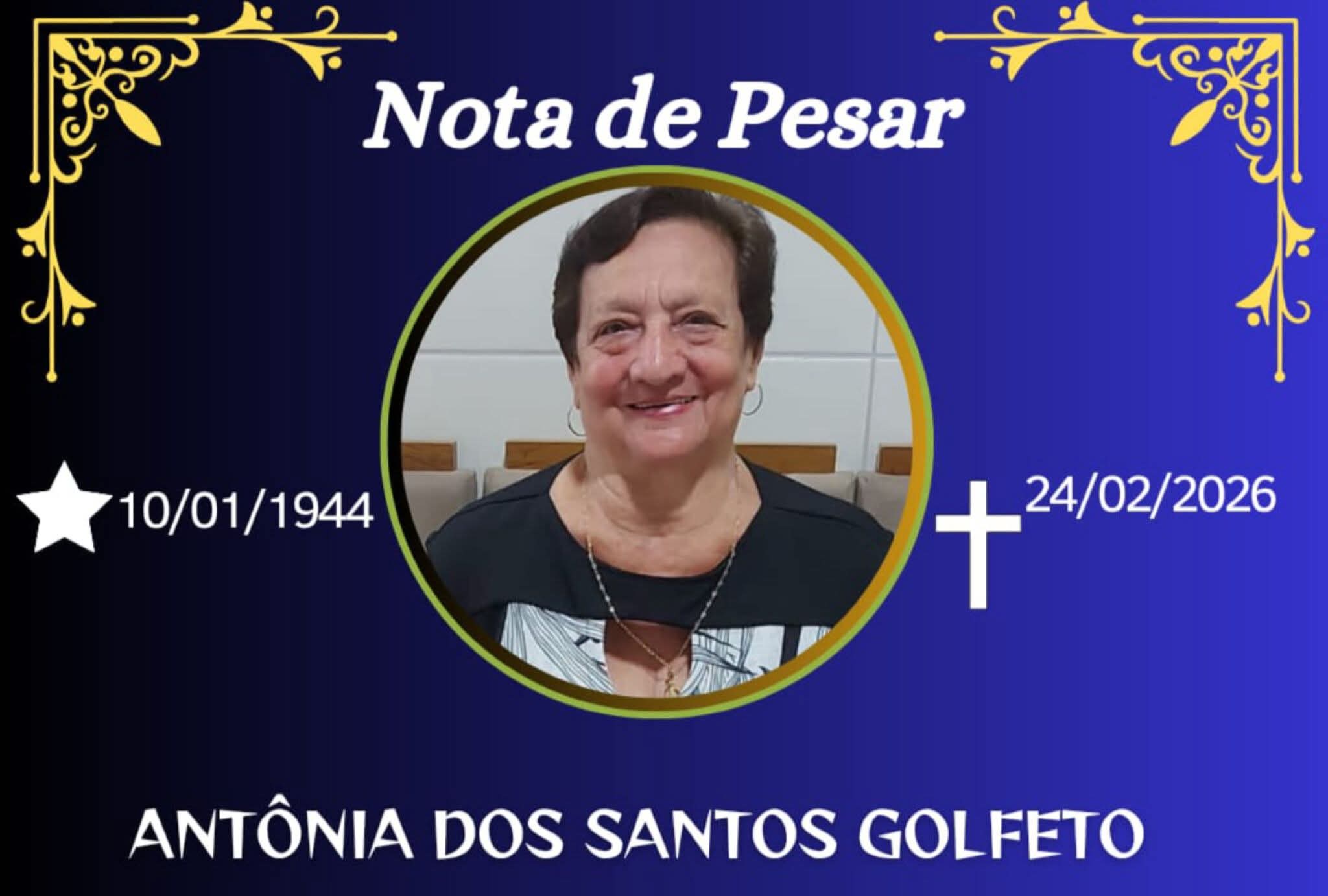 FALECEU ANTÔNIA DOS SANTOS GOLFETO, DE CARANGOLA