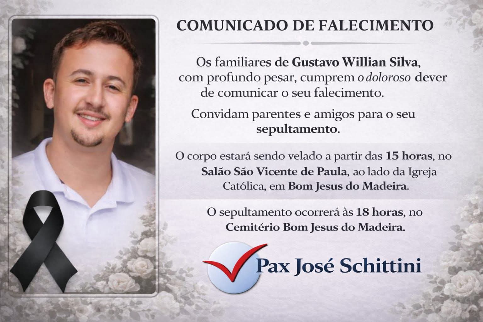 NOTA DE FALECIMENTO DE GUSTAVO WILIAN SILVA, MORADOR DE SÃO FRANCISCO DO GLÓRIA