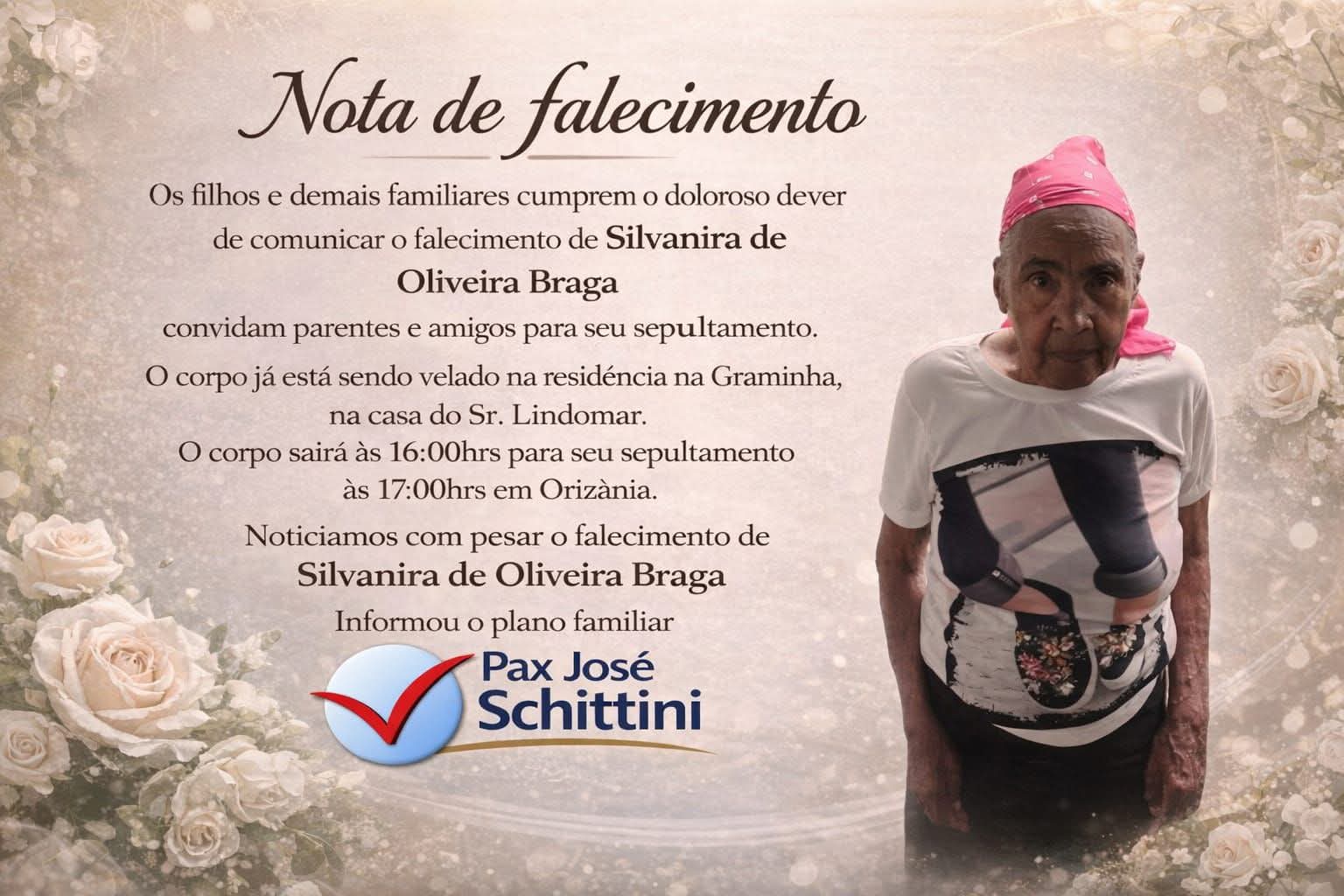 FALECEU SENHORA SILVANIRA DE OLIVEIRA BRAGA, MORADORA DE DIVINO