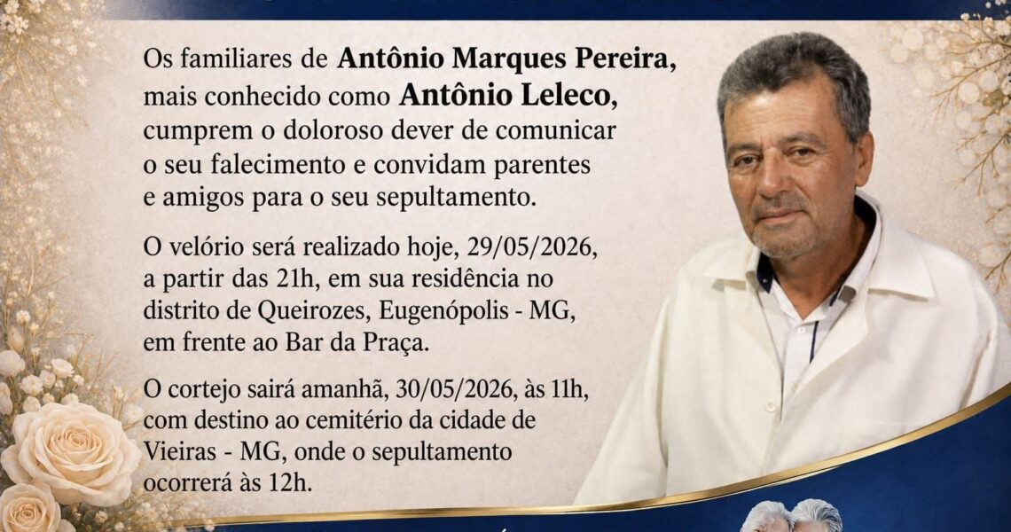 FALECEU ANTÔNIO MARQUES PEREIRA, DE QUEIROZES, EM EUGENÓPOLIS