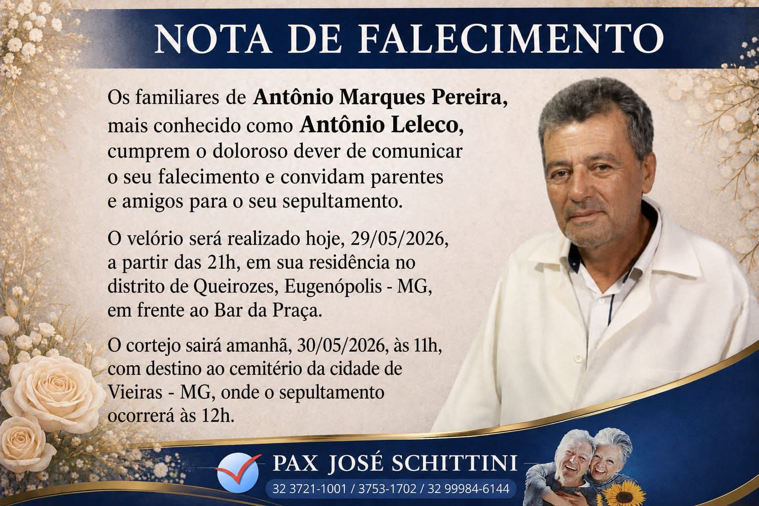 FALECEU ANTÔNIO MARQUES PEREIRA, DE QUEIROZES, EM EUGENÓPOLIS
