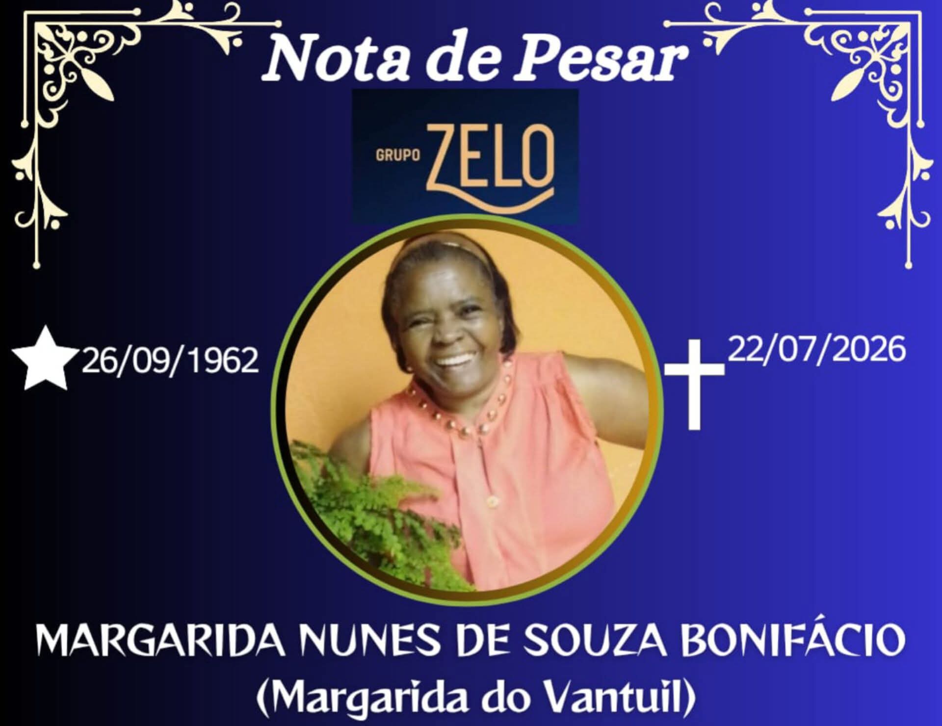 FALECEU MARGARIDA NUNES DE SOUZA BONIFÁCIO, DE ORIZÂNIA